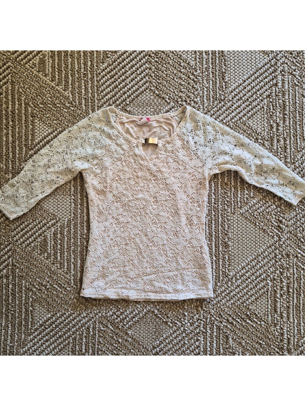 VTG Y2K Whimsigoth Cream Floral Lace Top Coquette Fairycore Metal Bar Blouse XS